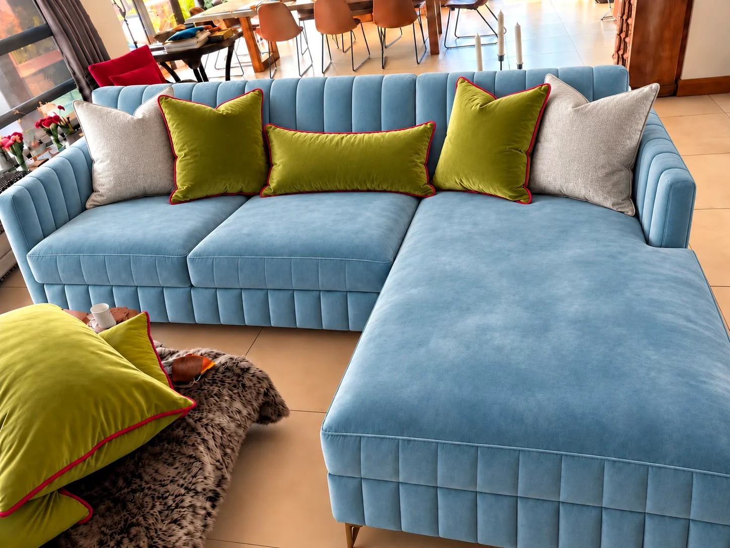 Duck egg blue velvet corner couch with lime cushions, in the Furniture Rite Home showroom