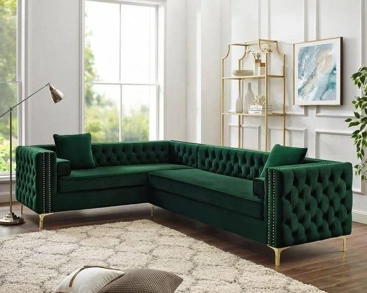 Emerald velvet corner couch with gold legs
